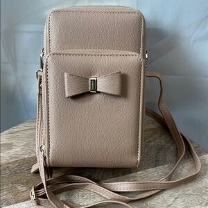 Taupe Faux Leather Bow Crossbody Purse-Small Phone Bag - Double Zip Compartments